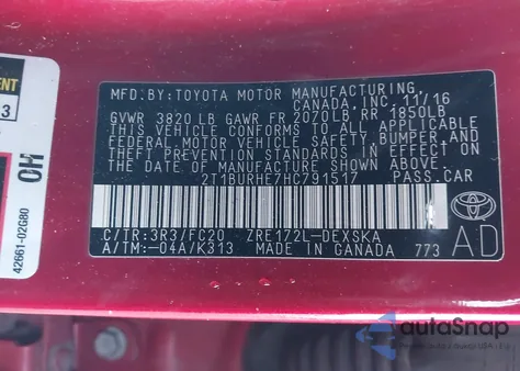 2017 Toyota Corolla Se из США, поврежденный, VIN 2T1BURHE7HC791517